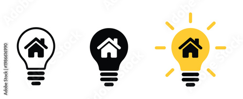 Energy saving lamp with house logo symbolizing eco home sustainability, environmental protection concept, green electricity and efficient lighting vector illustration.