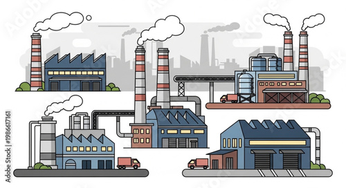 Industrial Factory Buildings with Smoke Stacks and Trucks.