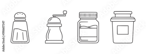 Line of salt shaker pepper grinder and two jars