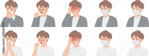 Sick man with Cold Symptoms Wearing Face Mask, Cough and Runny Nose Illustration