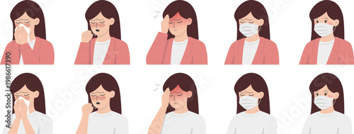 Sick Woman with Cold Symptoms Wearing Face Mask, Cough and Runny Nose Illustration