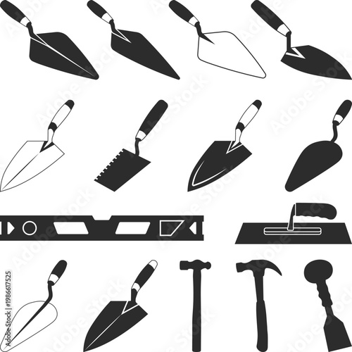 Bricklayer trowel set Silhouette, Trowel and Putty Knife SVG Clipart Bundle, Masonry Hammer, Masonry Trowel Collection