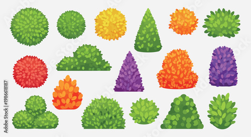 Stylized garden bushes and topiary shrubs set, 16 colorful vector plants for landscape design, decorative hedge and foliage elements for architecture