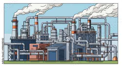Industrial factory complex with smoking chimneys and complex piping systems.