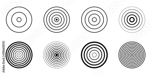 Set of different concentric circles icon. Epicenter, target, radar, sonar icon concept. Vector halftone radial radio signal or vibration element pack. eps 10