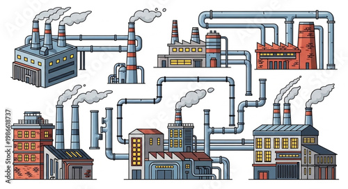Industrial factory buildings with smoke stacks and pipes.