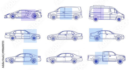 Collection of Hand Drawn Vehicle Illustrations with Blue Accents.