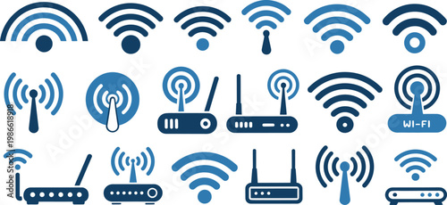 WiFi icons, wireless network symbols, router logos, internet connectivity signs, blue vector graphics