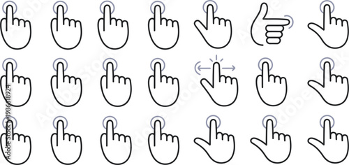 Hand gesture icons, pointing hands, cursor symbols, 20 gestures, vector graphics