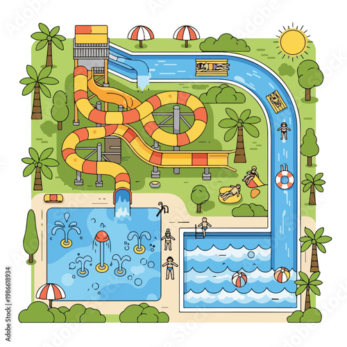 A water park with a wave pool, lazy river, and water slides