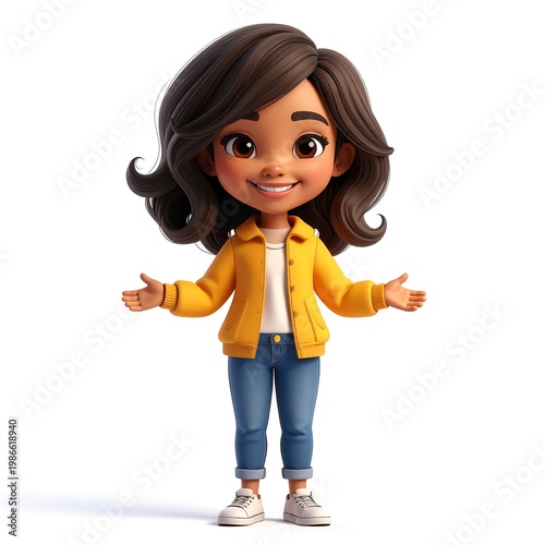 A smiling cartoon girl with brown hair and a yellow jacket