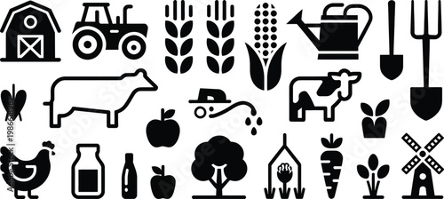 Farm icons, agriculture symbols, rural vector graphics, black and white illustrations