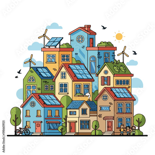 A vibrant cartoon illustration of a sustainable neighborhood