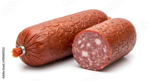 Two chorizo sausages on white background.