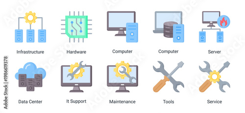 System and infrastructure icon set including hardware,servers,data center,and IT support elements.Ideal for technology,engineering,and system operation design needs.