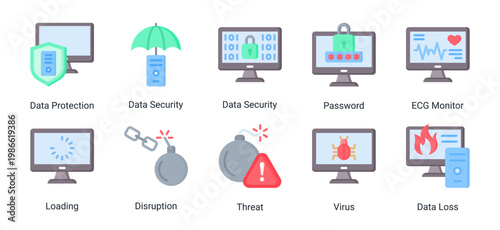 Security and monitoring icon set featuring data protection,threats,and system alerts.Suitable for cybersecurity,risk management,and monitoring applications.