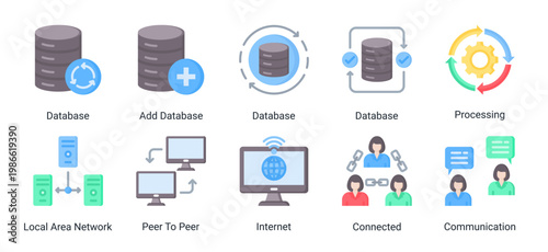 Data and network icon set with database,internet,and communication elements.Perfect for digital systems,networking,and data processing related designs.