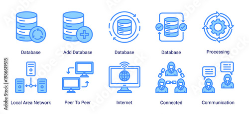 Data and network icon set with database,internet,and communication elements.Perfect for digital systems,networking,and data processing related designs.