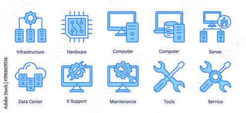System and infrastructure icon set including hardware,servers,data center,and IT support elements.Ideal for technology,engineering,and system operation design needs.