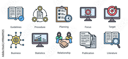 Planning and strategy icon set featuring guidelines,business goals,statistics,and workflow concepts.Suitable for management,corporate planning,and analytical design projects.