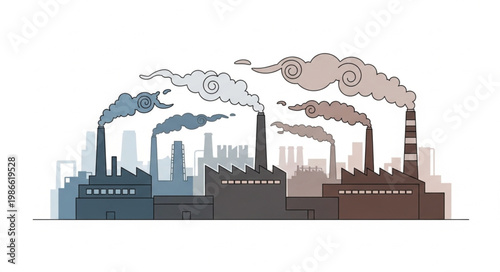 Industrial factory with smoke stacks emitting pollution into the atmosphere.