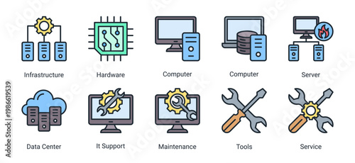 System and infrastructure icon set including hardware,servers,data center,and IT support elements.Ideal for technology,engineering,and system operation design needs.