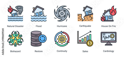 Disaster and recovery icon set including natural hazards,emergency events,and restoration concepts.Ideal for disaster management and emergency response visuals.