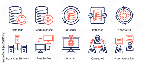 Data and network icon set with database,internet,and communication elements.Perfect for digital systems,networking,and data processing related designs.