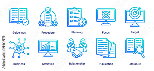 Planning and strategy icon set featuring guidelines,business goals,statistics,and workflow concepts.Suitable for management,corporate planning,and analytical design projects.