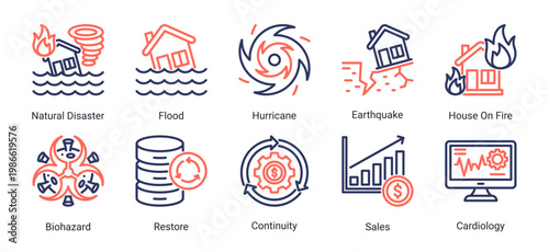 Disaster and recovery icon set including natural hazards,emergency events,and restoration concepts.Ideal for disaster management and emergency response visuals.