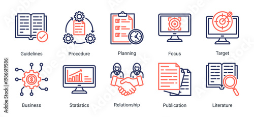 Planning and strategy icon set featuring guidelines,business goals,statistics,and workflow concepts.Suitable for management,corporate planning,and analytical design projects.