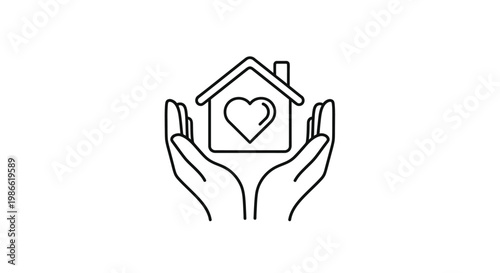 Caring hands cradling a home with a heart, symbolizing love, protection, and security in a minimalist vector graphic design.