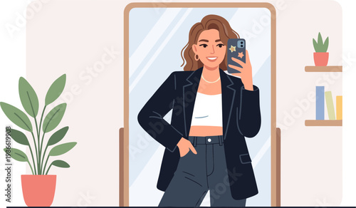 A woman takes a selfie in front of a mirror in her room