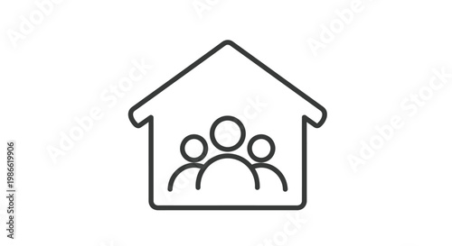 Minimalist vector graphic illustration featuring a group of human figures residing inside a simple house symbol outline