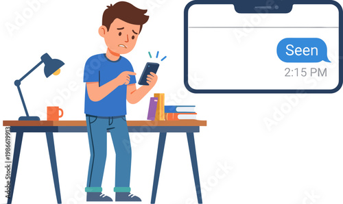 Young man sitting at desk looking surprised at phone screen with message