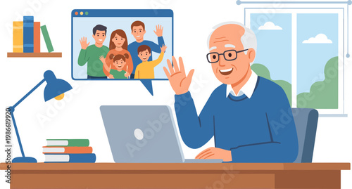 Elderly man waving at people on laptop screen in office