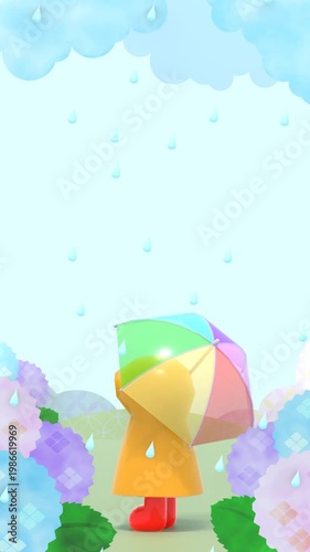 傘をさす子供と雨模様の紫陽花の3DCG縦長風景　ループ動画