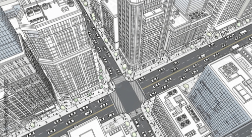 Aerial View of Busy City Street Intersection with Traffic and Buildings.