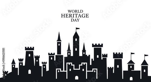 Silhouette illustration celebrating World Heritage Day showcases a row of various ancient castles and towers against a clean white background, promoting cultural heritage preservation