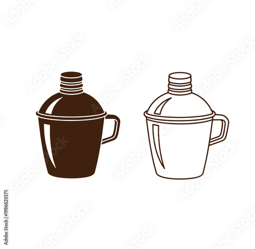 Brown and outline travel mugs with screw on lids for hot beverages on white background