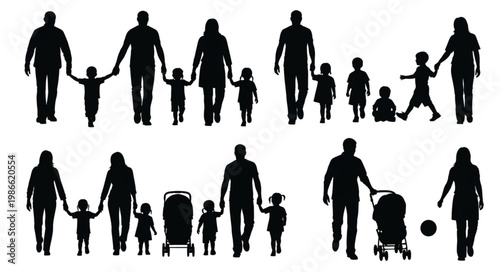 Silhouettes of Diverse Families Walking Together Holding Hands.