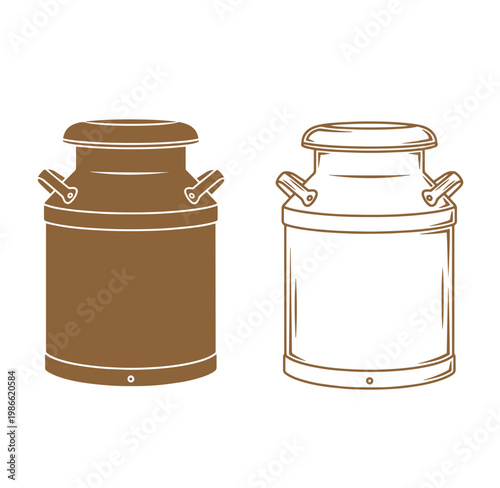 Brown and white milk cans with lids and handles side by side