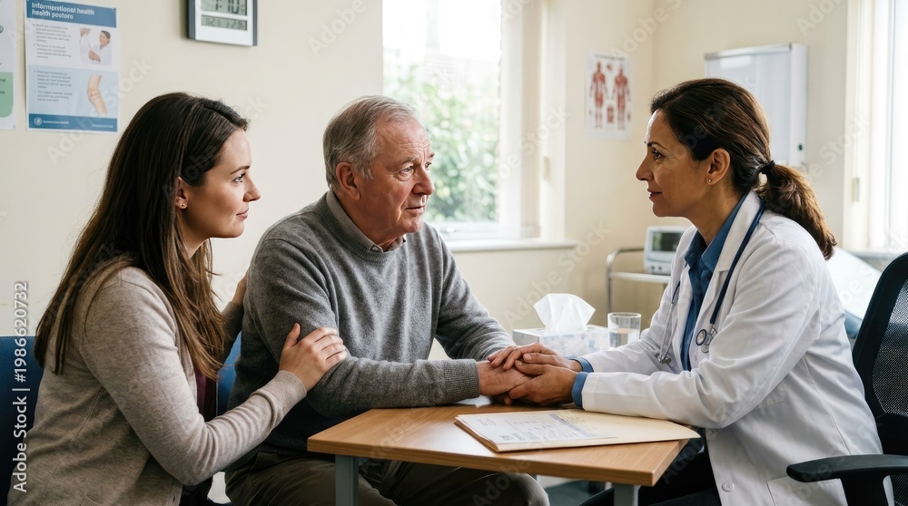 Obraz premium A doctor discusses a medical matter with an elderly man and his daughter in a clinical setting.