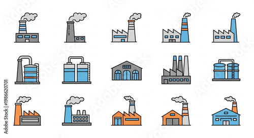 Collection of Industrial Factory Buildings with Smoke Stacks.
