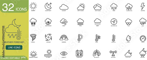 Weather forecast icon line outline editable stroke interface web collection of meteorology symbol for mobile website dashboard and design, clean monochrome style