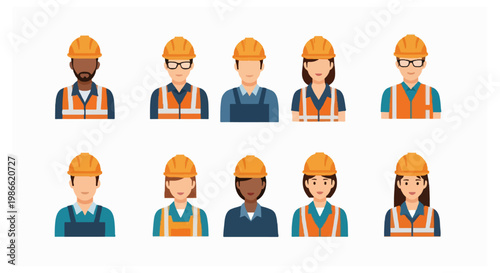 Ten diverse construction worker avatars wearing orange safety vests and yellow hard hats are arranged in two horizontal rows on white.