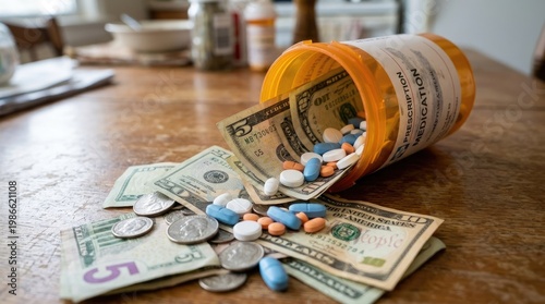 A prescription bottle spills money and coins onto a wooden table. The bottle contains various pills.