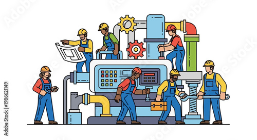 Workers in industrial setting operating machinery.