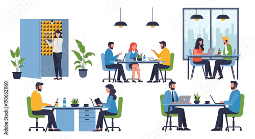 People working at office desks.