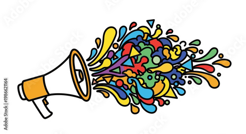 Megaphone with colorful splashes of paint.